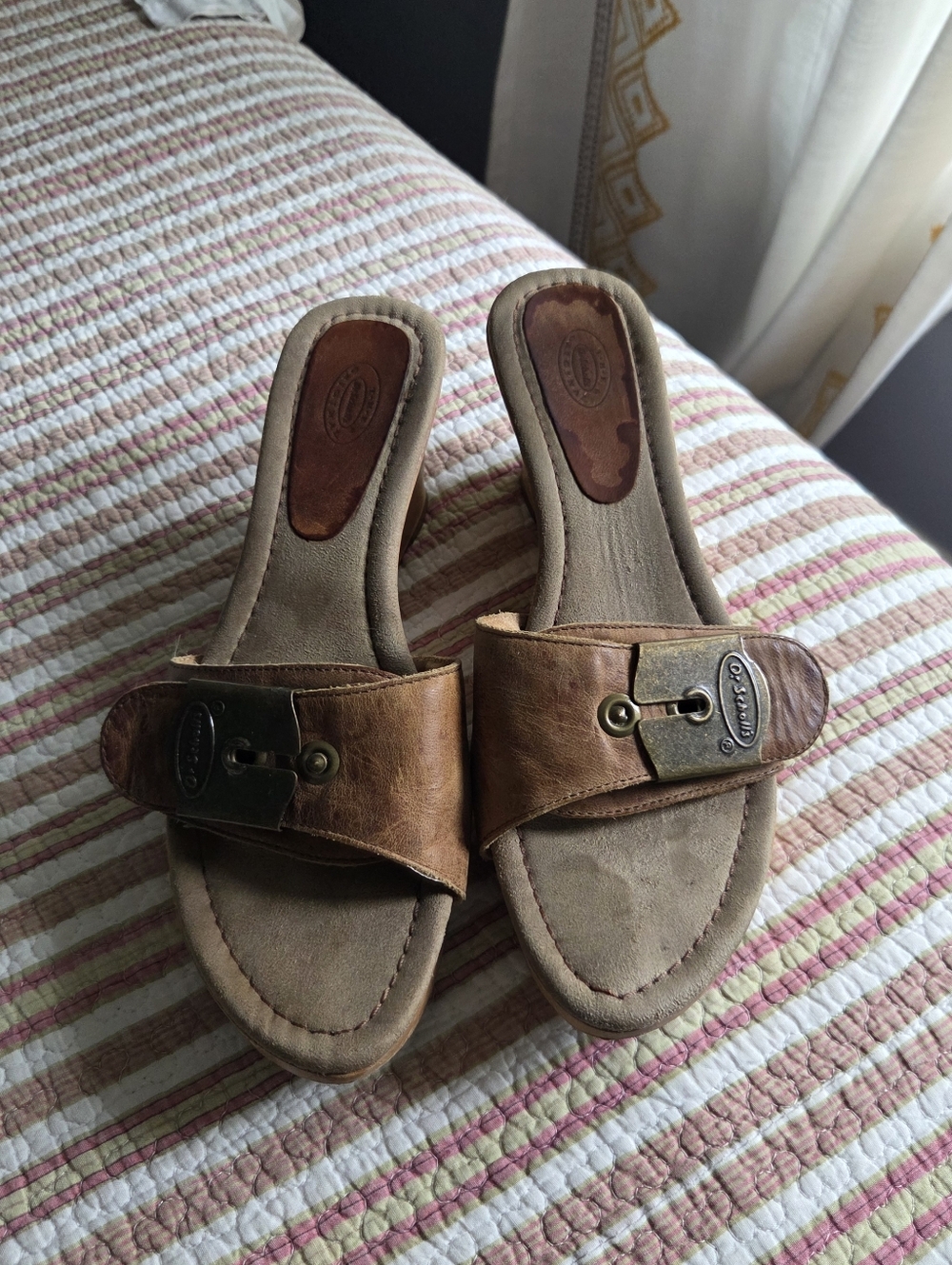 Dr. Scholls Big Buc Brown Leather Slide Sandals with Brass Accent